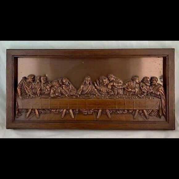 VINTAGE FRAMED CHRIST LAST SUPPER 3D COPPERCRAFT GUILD